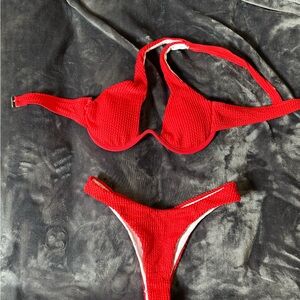 Red Textured Bikini Set